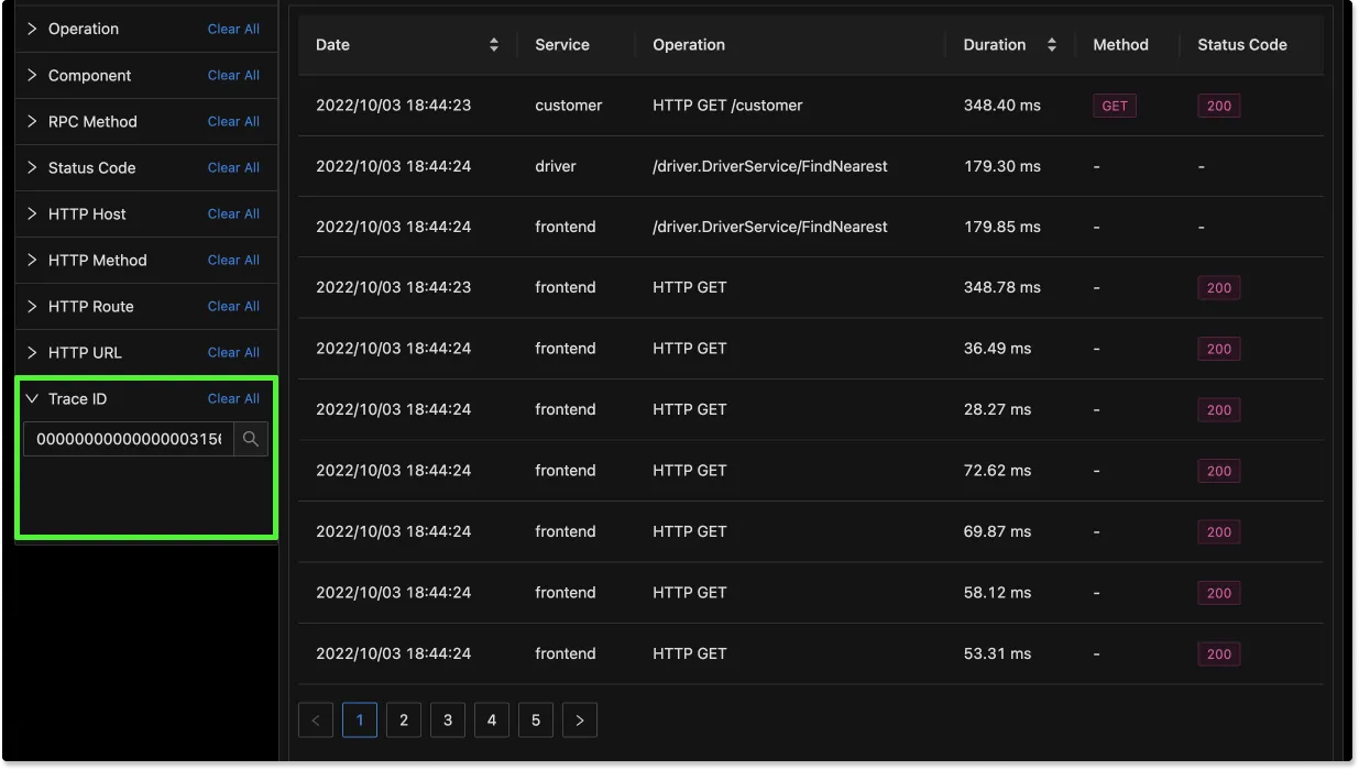 Search component for Trace ID