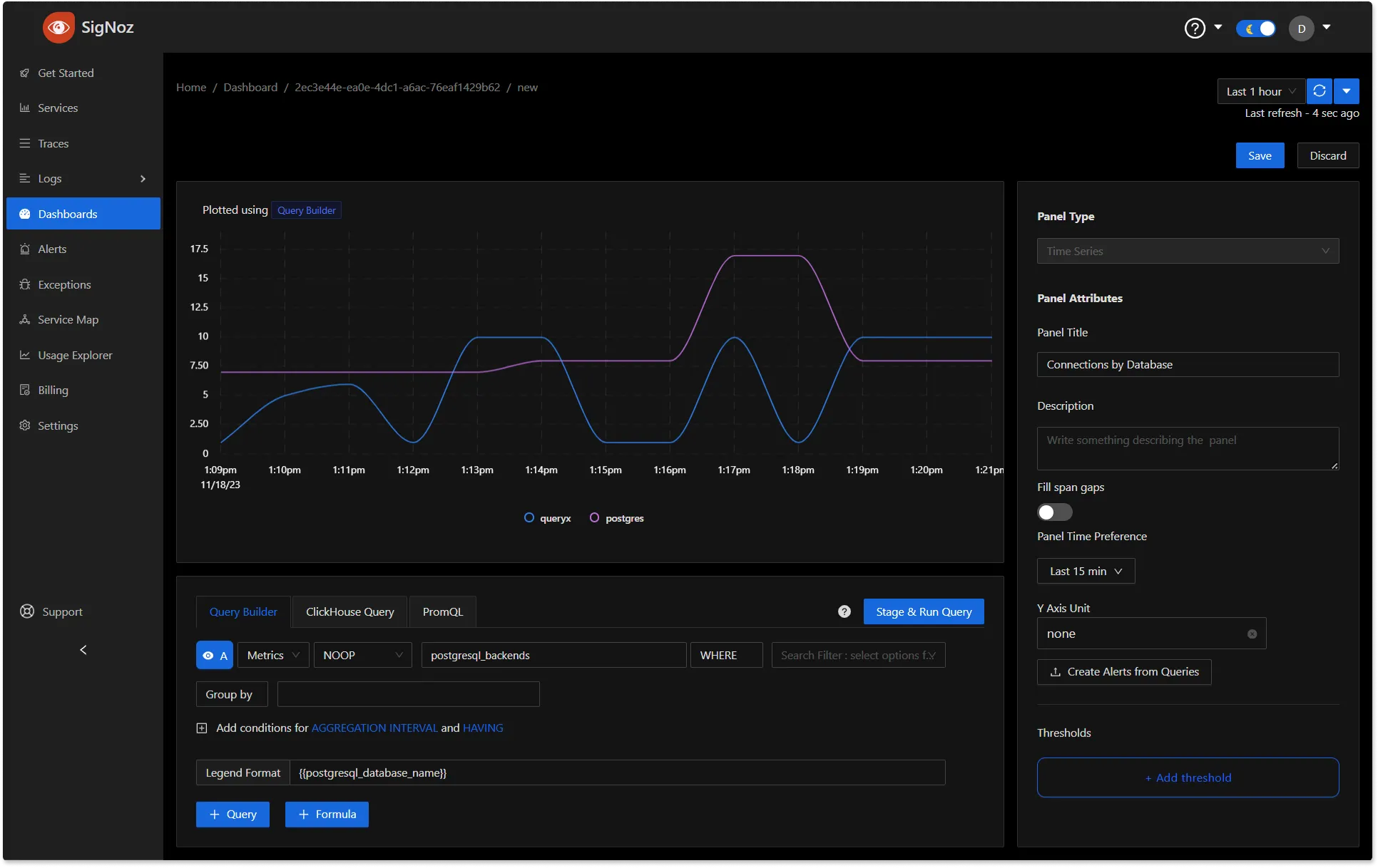 Signoz Panel PostgreSQL Metrics