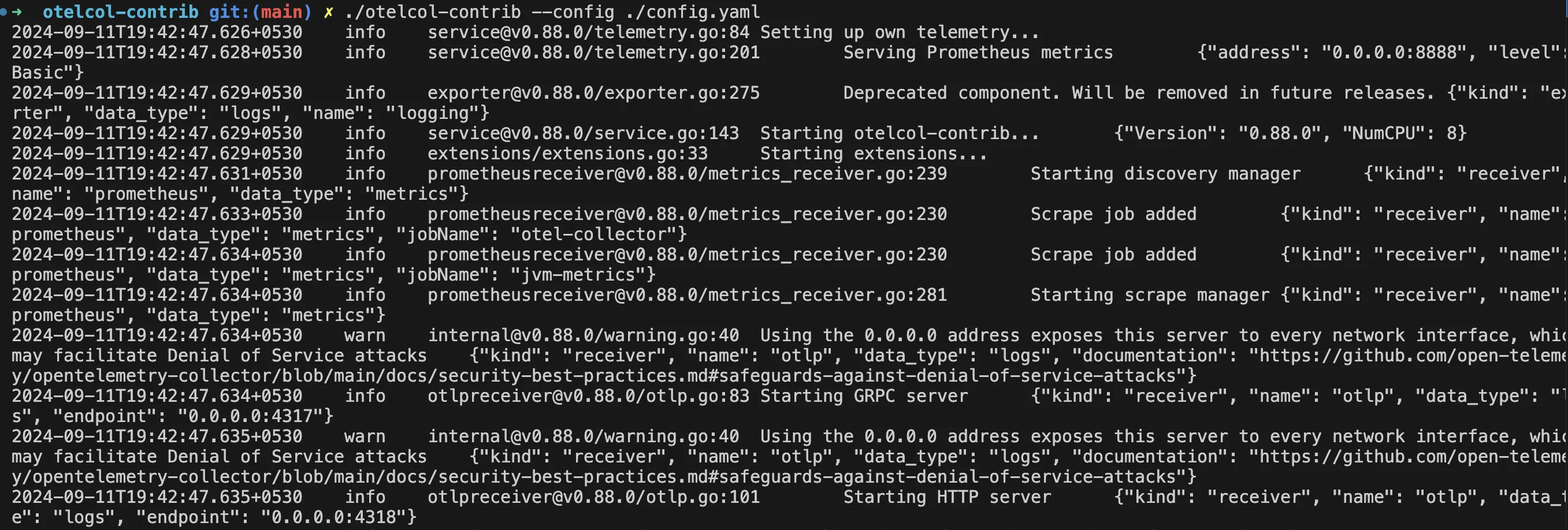 Otel Contrib running logs